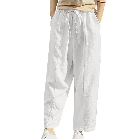Womens Casual Elastic Waist Lounge Pants Solid Baggy Cotton Linen Wide Leg Pants Comfy Drawstring Harem Pants with Pocekts(XL,White)