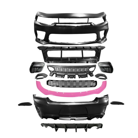Ikon Motorsports Rear & Front Bumper Conversion W/ Pink Lip Compatible With 2015-2023 Dodge Charger Widebody Style Bumper Covers & SRT Upper Lower Grille & Foglight Covers W/ Rear Diffuser