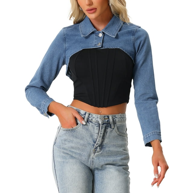 CHAQUETA DE MEZCLILLA PARA MUJER INSPIRE CHIC Cuello Plano 2 Botones Manga Larga Chaquetas Cortas Denim M Azul