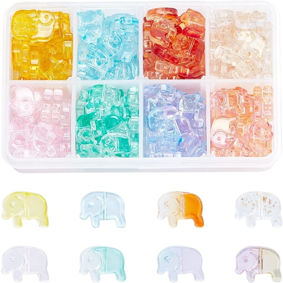 Aproximadamente 240 cuentas de vidrio con forma de elefante, 8 colores, transparentes, pintadas con aerosol, con agujero de 0,8 mm, para fabricación de joyas.