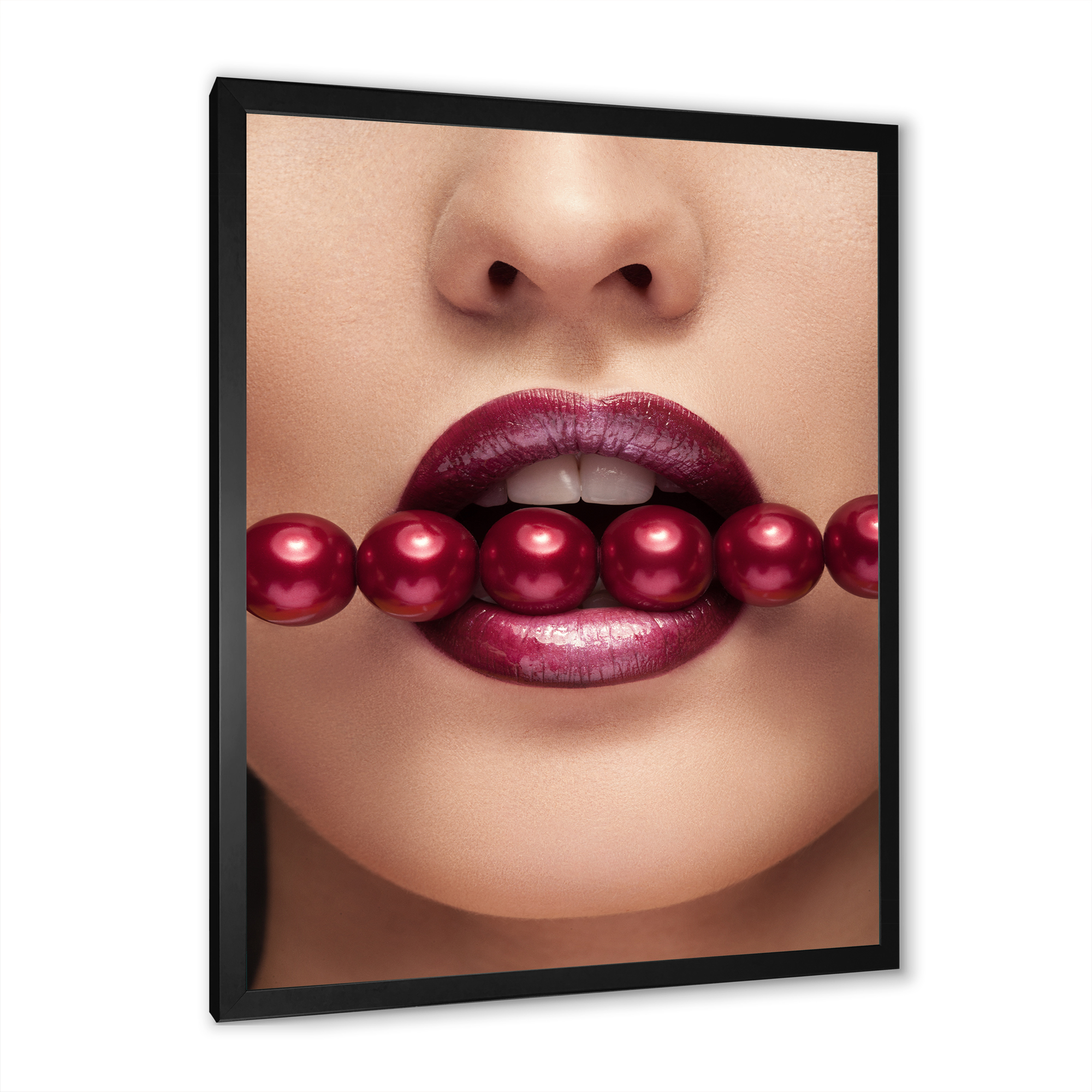 Designart 'Girl With Red Pearls In Mouth In A Sensual Pose' Modern Framed Art Print