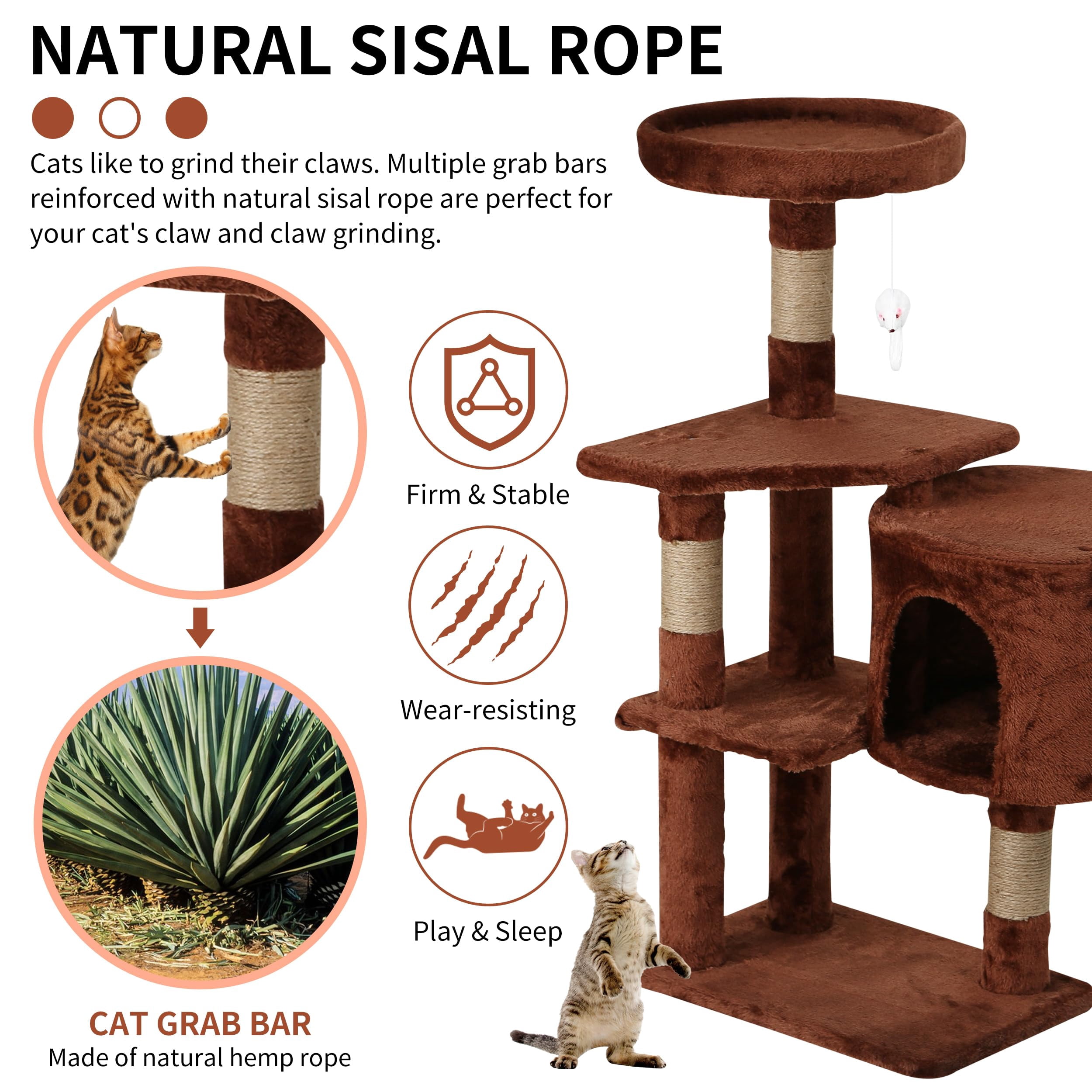 NiamVelo 36 Inch Cat Tree Cat Tower for Small Cats, Plush Multi-Level Cat Condo with Scratch Post Kittens Playhouse Furniture Set, Brown