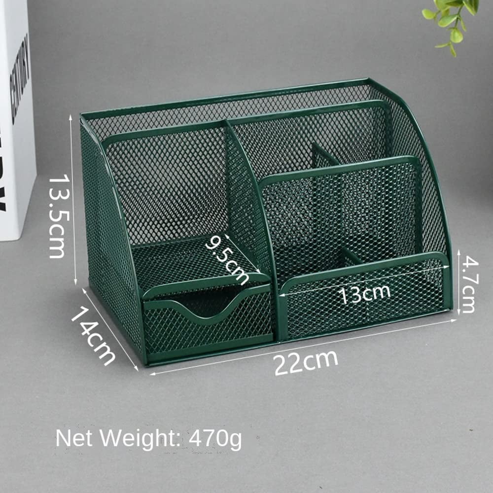 Green Desk Organizer Mesh Drawer Storage Accessories with 6 Compartments and Drawer, Desktop Caddy Storing Stationery Trinkets Cosmetics Jewelry Electronic Gadgets for Workspace Classsroom