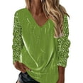 thumbnail image 1 of T-Shirts pour Femmes Imprimé Col en V Manches Longues Blouse Automne Hauts pour Femmes Vert m, 1 of 4