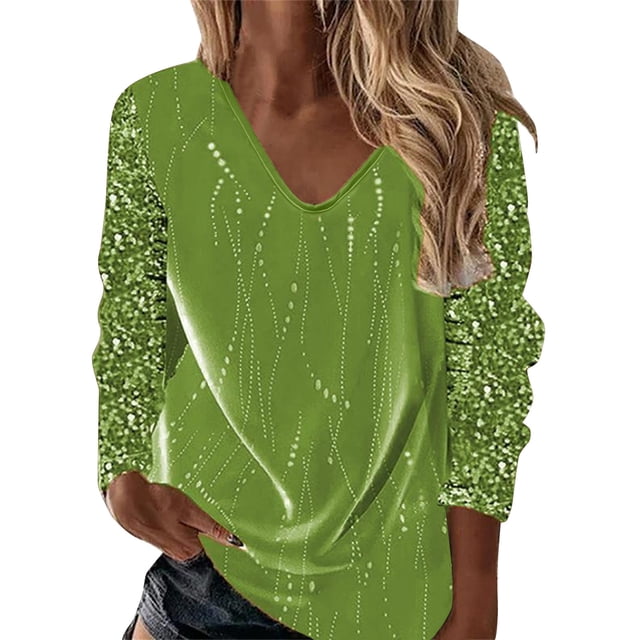 T-Shirts pour Femmes Imprimé Col en V Manches Longues Blouse Automne Hauts pour Femmes Vert m