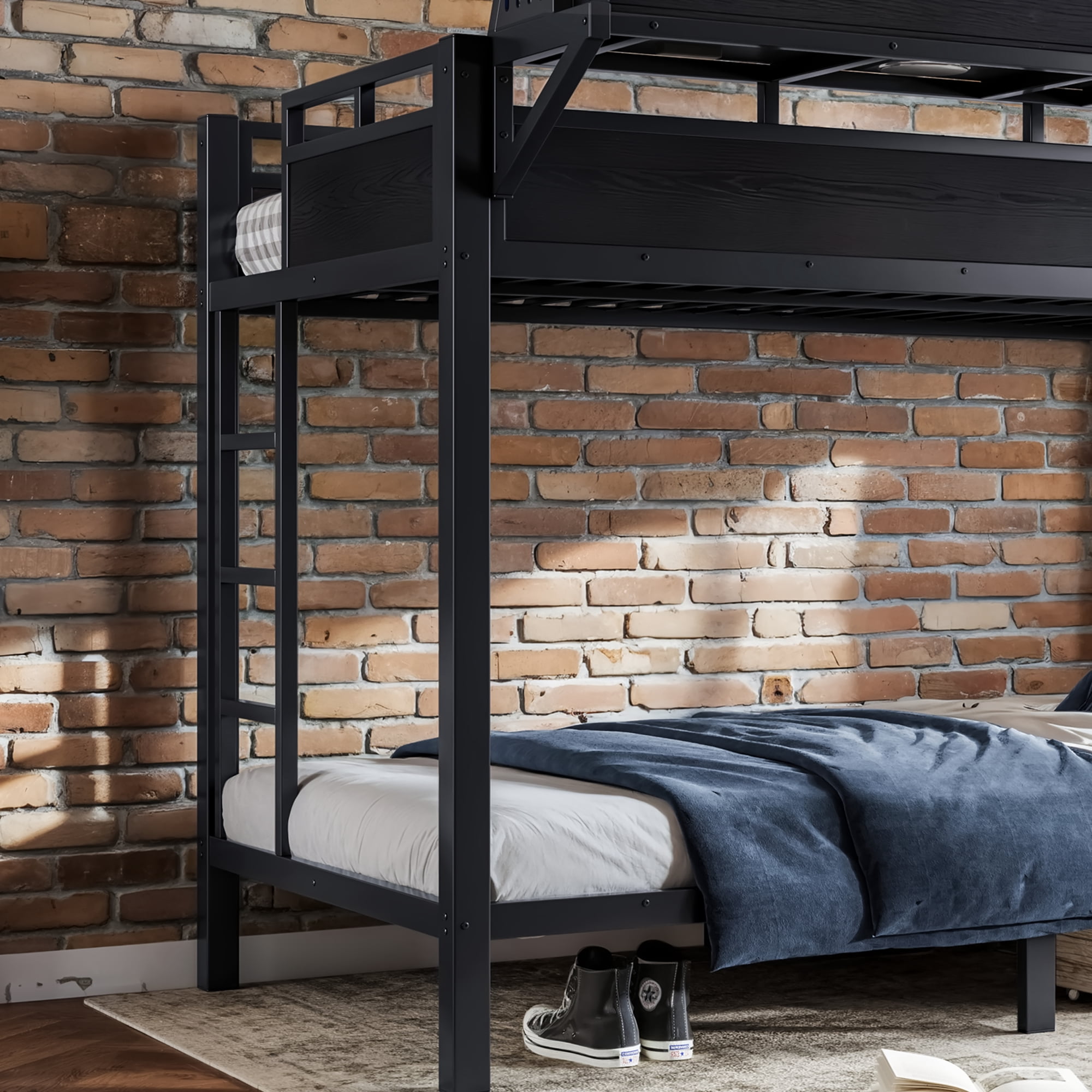 Mintazer Twin XL Over Twin XL Bunk Bed with Storage Shelves and Pegboard, Metal Bunk Bed Frame with LED Lights & Charging Station for Bedroom Guest Room, Black