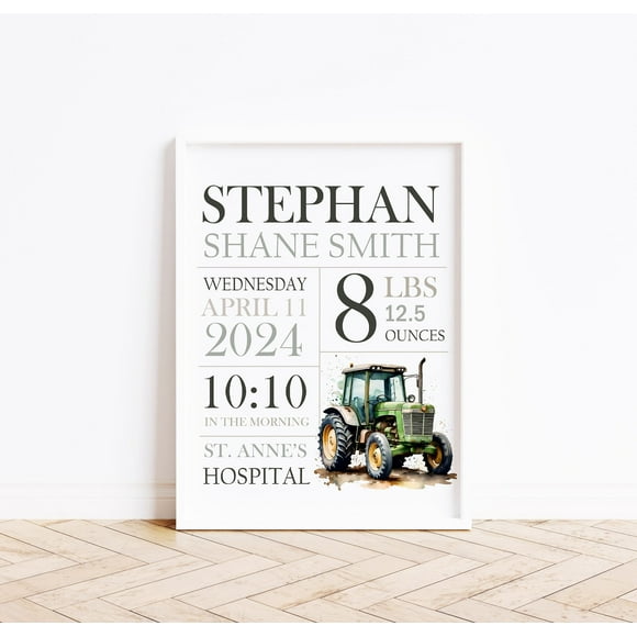 Cadeau Personnalisé pour Bébé - Impression Encadrée Art Mural par Oak & Alder - Taille 8x10 Pouces. Cadre Blanc Inclus