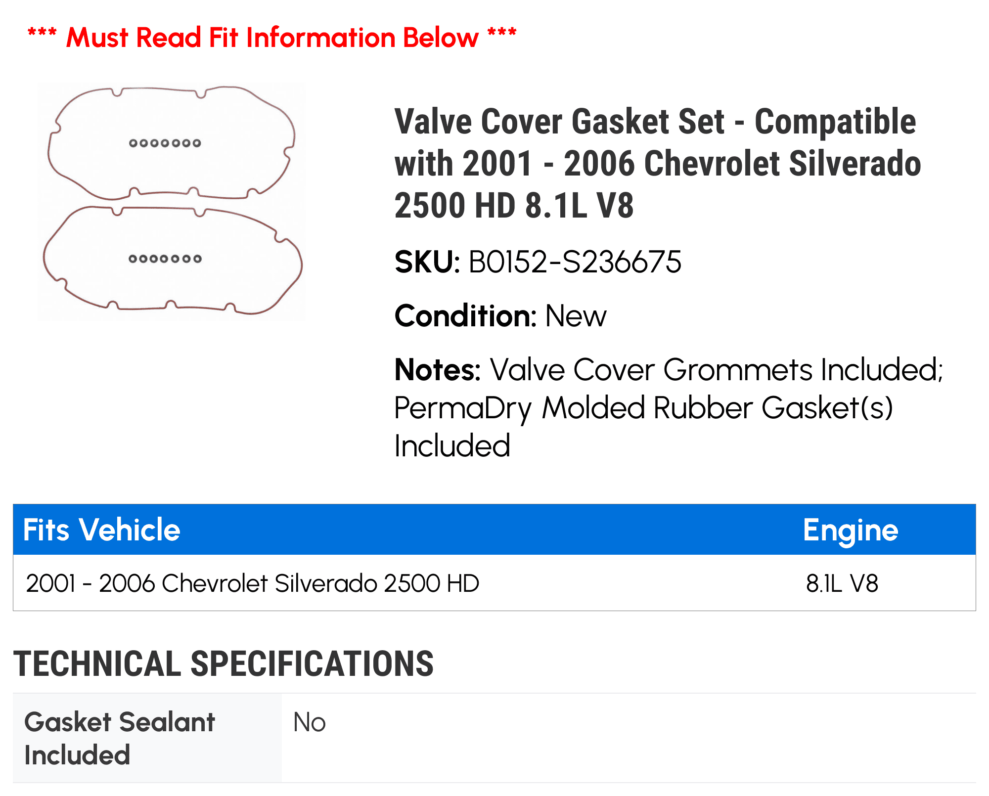 Valve Cover Gasket Set - Compatible with 2001 - 2006 Chevy Silverado 2500 HD 8.1L V8 2002 2003 2004 2005