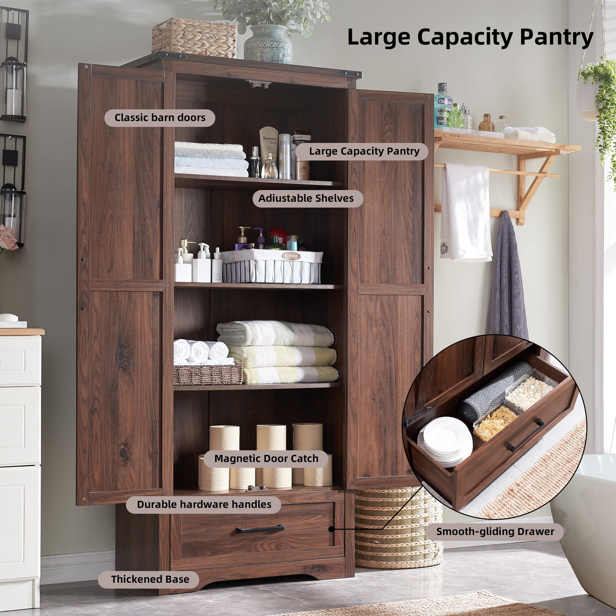 T4TREAM Farmhouse 2-Door Storage Cabinet with Adjustable Shelves and 1 Drawer, Rustic Brown