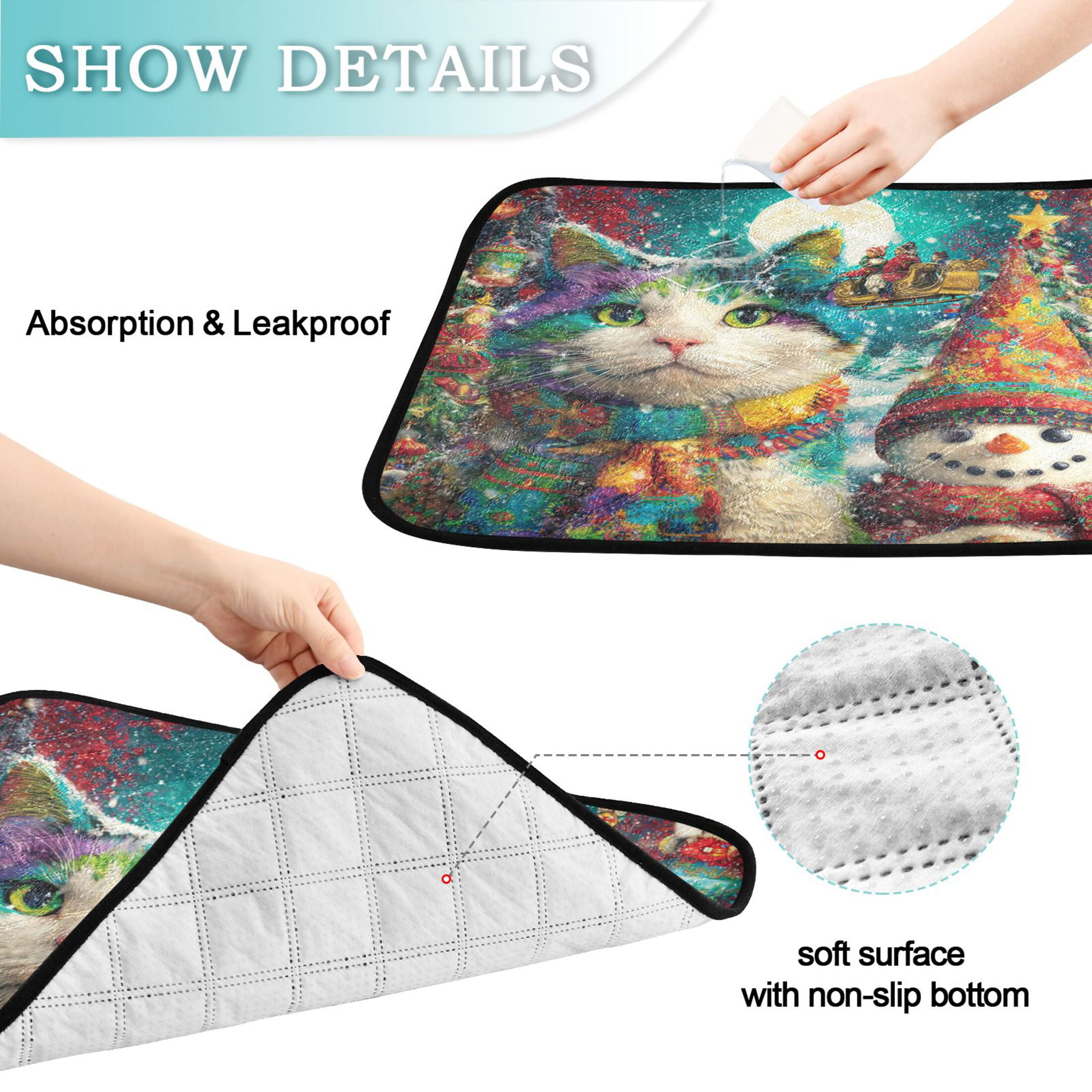 Qxltty Colorful Cat and Snowman Cat litter Pads Pet Set of 3 Diaper Mats Center Anti-leakage Layer Absorbent Soft and Comfortable