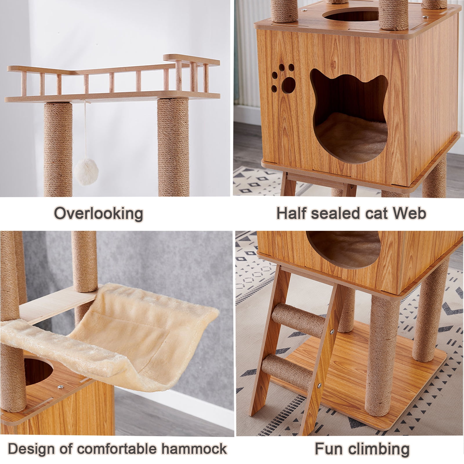 Mekidulu 61in Tall Wooden Cat Tree with 2 Transparent Capsule Pods, 6-Level Heavy Duty Wood Cat Tower for Large Cats, Dark Wood