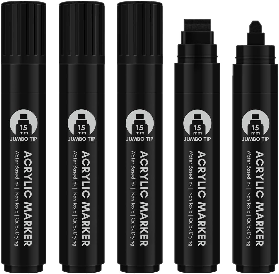 Black Poster Markers Jumbo: 5 Pcs 15mm Wide Tip Thick Acrylic Paint Pen Large Permanent Calligraphy Markers for Rock Painting, Stone, Poster, Canvas, Glass, Wood, Ceramic