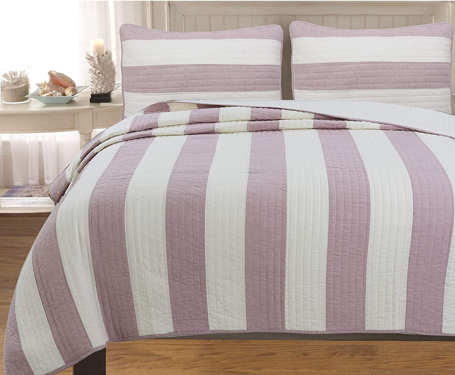 Coverlet Nesco Striped Purple Green Brown Cotton 3-Piece Quilt Set Bedspread 