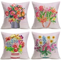 Floral Farmhouse Pillow Covers 20x20 Inch Set of 4 Vintage Tulip Daisy Peonies Flowers Decorative Spring Pillow Covers Outdoor Flower Pillow Cases Modern Linen Cushion Cover for Sofa