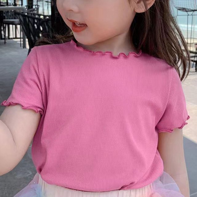AherBiu T-Shirts Filles Manches Courtes à Volants Hauts en Coton Doux Col Rond Décontracté Couleur Unie 1-9 Ans