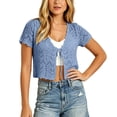 thumbnail image 2 of Women Crochet Shrug Knit Sweater,Spring Summer Beach Short Sleeve Shrug Cropped Boho Lightweight Sweater,Cover Up Tie Front Tops For Evening Dresses Casual Eyelet Shawl Thin Formal Sky Blue L, 2 of 7