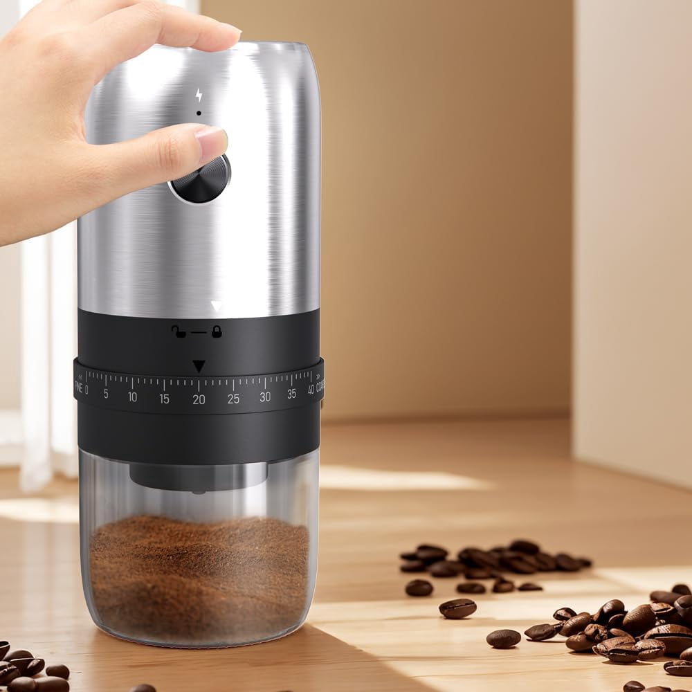 Portable Electric Coffee Grinder,Mini Coffee Bean Grinder,1800mAh Rechargeable Coffee Bean Grinder,Adjustable Coarseness,25g Capacity,Ceramic Cone for Travel,Camping,Office,etc(Stainless Steel)