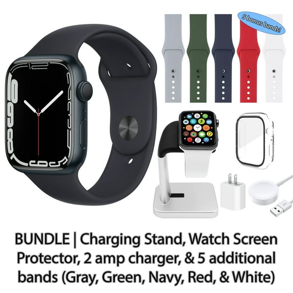 Restored Apple Watch Series 7 (GPS, 41 mm) Midnight Aluminum Case with Midnight Sport Band Bundle 5 Bonus Bands, Charging Stand, Screen Protector, & 2 amp charger (Refurbished)