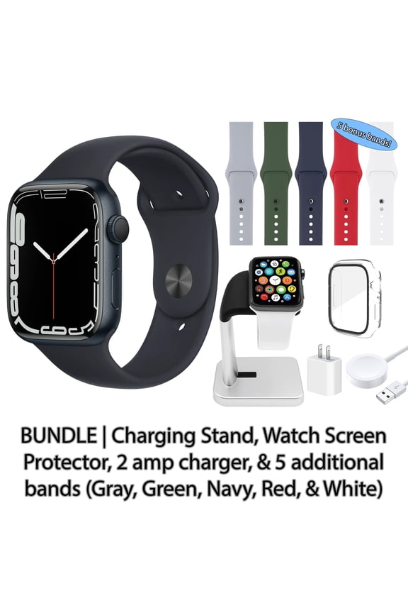 Restored Apple Watch Series 7 (GPS, 41 mm) Midnight Aluminum Case with Midnight Sport Band Bundle 5 Bonus Bands, Charging Stand, Screen Protector, & 2 amp charger (Refurbished)