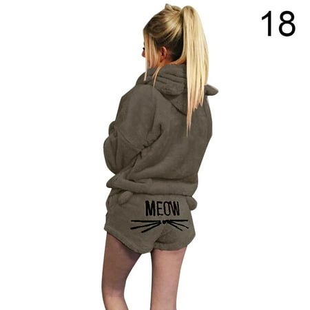 

TOPOINT Women Plush Pajamas Set Thick Hoodie Long Tops+Embroidery Shorts Sleepwear Homewear New