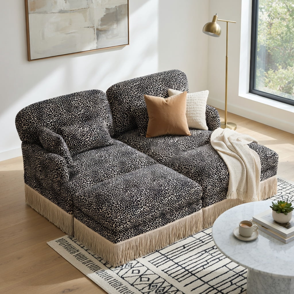Hommoo Leopard Print Chenille Loveseat Sofa with Movable Ottomans, 2-Seat Modern Modular Couch, Tassel Trim & Ergonomic Deep Seat Design, Living Room Sofa, khaki