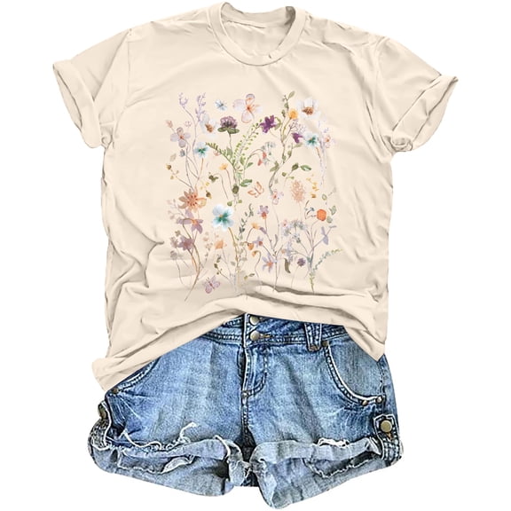 MOUSYA Boho Floral Tshirt Women Vintage Wildflower Printed Shirt Casual Short Sleeve Tops Trendy Summer Flower Tee Top