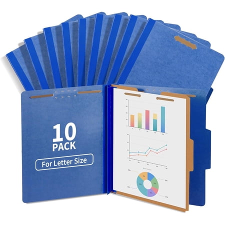 Binditek 10-Pack Pressboard Classification Folders, 1 Divider, Letter Size (8.5" x 11"), 2" Tyvek Expansions, 4 Embedded Top Fasteners (2-Prong Design), Navy
