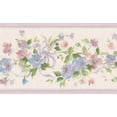 thumbnail image 1 of Fleurs Roses Bleues sur le Design Rétro de Bordure de Papier Peint Floral de Vigne Verte, Rouleau 15' x 3.5'', 1 of 3