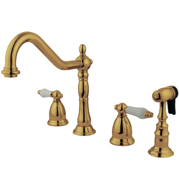 Kingston Brass KS1792PLBS Heritage Double-Handle 4-Hole Widespread Kitchen Faucet with Brass Sprayer in Polished Brass