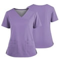 thumbnail image 2 of 2 Pocket Scrub Tops for Women V Neck Short Sleeve Stretch Work Top with Side Slits Crafted from 4 Way Stretch Soft Durable Easy Care Fabric, #02 Purple, M, 2 of 4