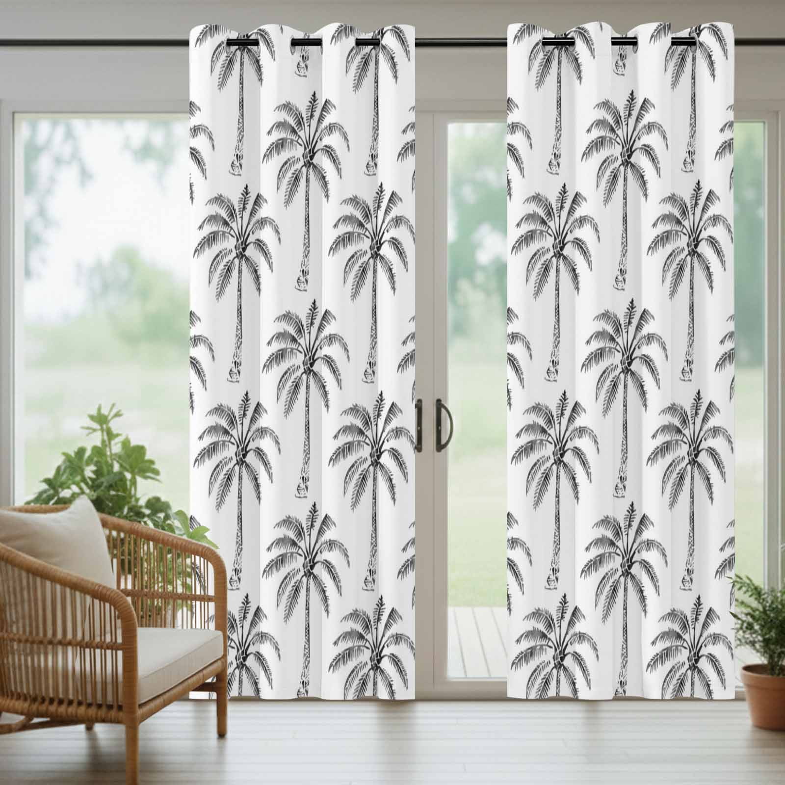 Summer Palm Tree Outdoor Curtains for Patio, Coastal Beach Minimalist Tropical Black Tree Leaf Sunshade Privacy Drapes Grommet Waterproof Outside Curtains for Porch/Cabana/Balcony 54"x 108", 1 Panel