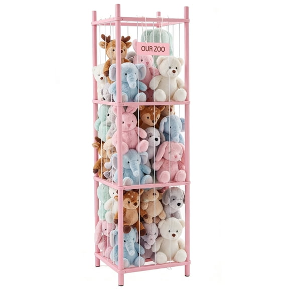 CONCETTA Toy Storage Organizer, Wooden Toy Holder Cage - Holds 40 Plush Toys, Sturdy Wood & Steel Screw Construction for Toddler Room, Playroom, Bedroom, Pink
