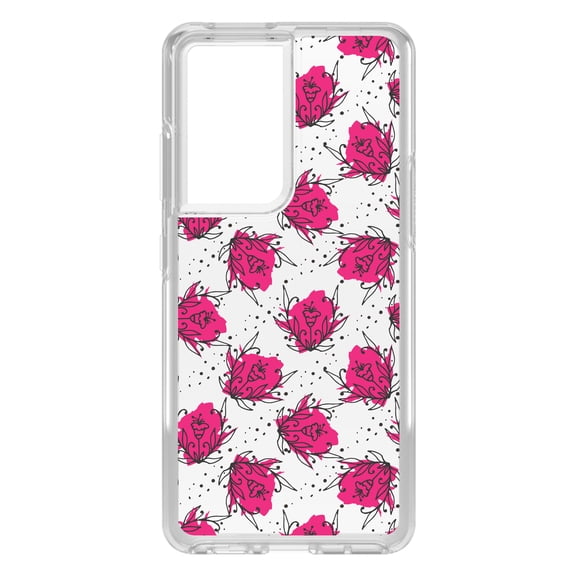 DistinctInk Clear Shockproof Hybrid Case for Galaxy S21 ULTRA 5G (6.8" Screen) - TPU Bumper Acrylic Back Tempered Glass Screen Protector - Wildflower Pink Graffiti