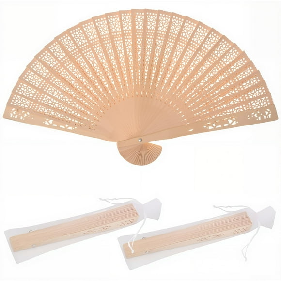 Abanicos de mano FORSUN Sandalwood, 50 unidades con 50 bolsas de organza