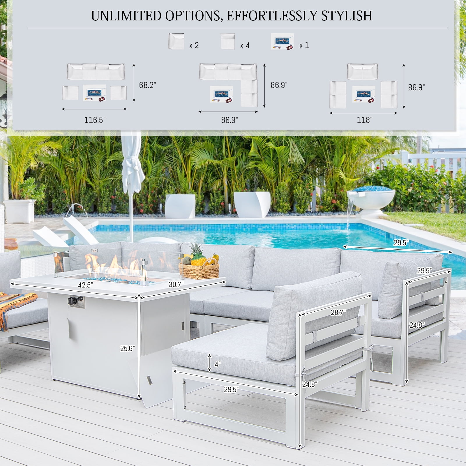 RADIATA Aluminum Outdoor Furniture with Fire Pit Patio Sofa Conversation Set White 6 Seating