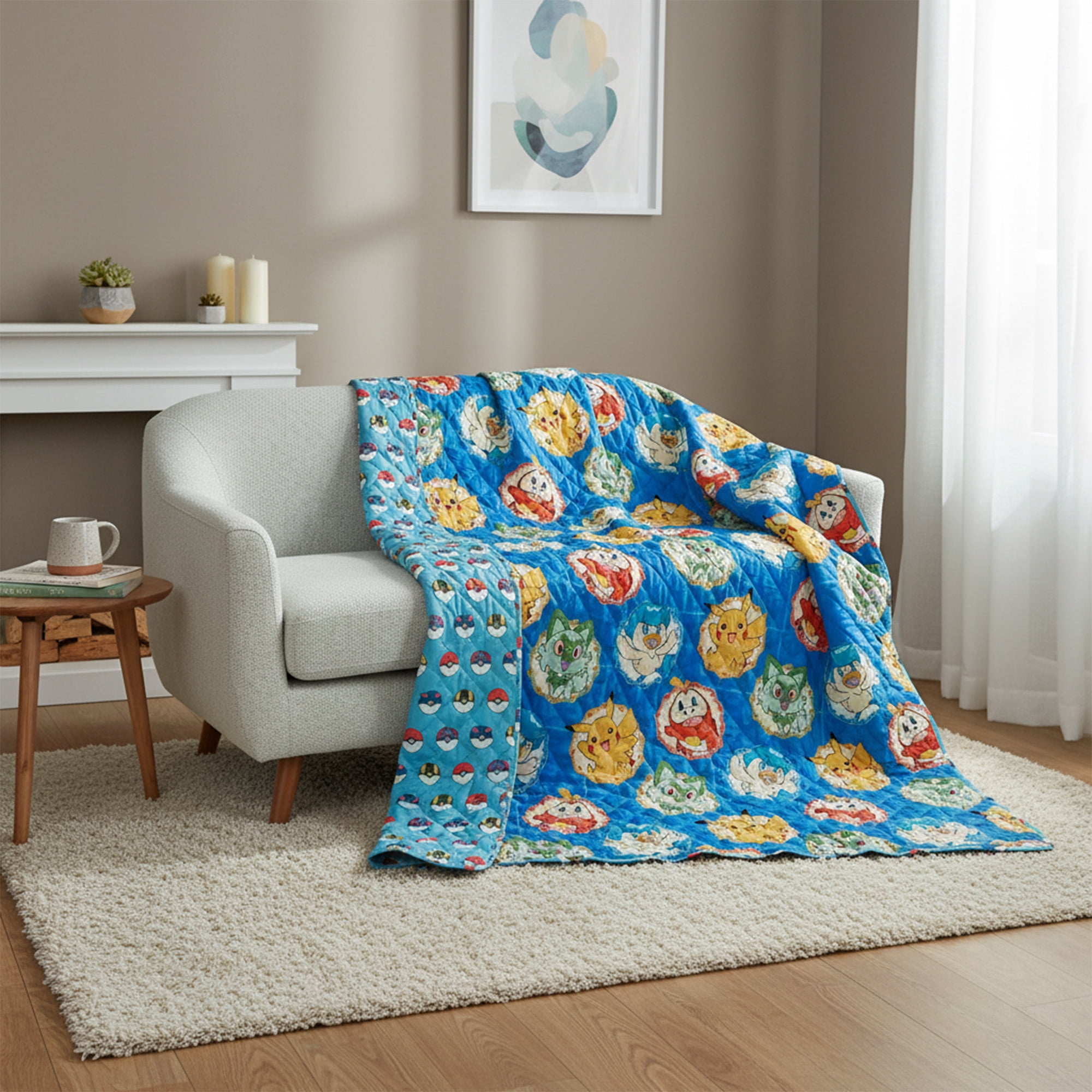 Pokemon Framed Characters Twin/Full Reversible Microfiber Quilted Blanket, 62x90 inches
