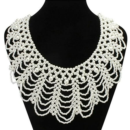 Jesscasday Women Luxury Imitation Pearl Beaded Bib Choker Necklace Flower Petal Jewelry Decorative Gown Dress Detachable False Fake Collar Dicky Neckwear
