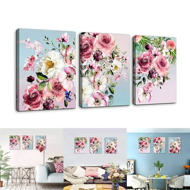 Fule Flower Canvas Wall Art for Bedroom Woman Wall Decor Pink White Flowers Picture 3pcs Framed Artwork Modern Plant Floral Canvas Prints for Kitchen Home Bathroom Girls Room Wall Decoration 12x16"