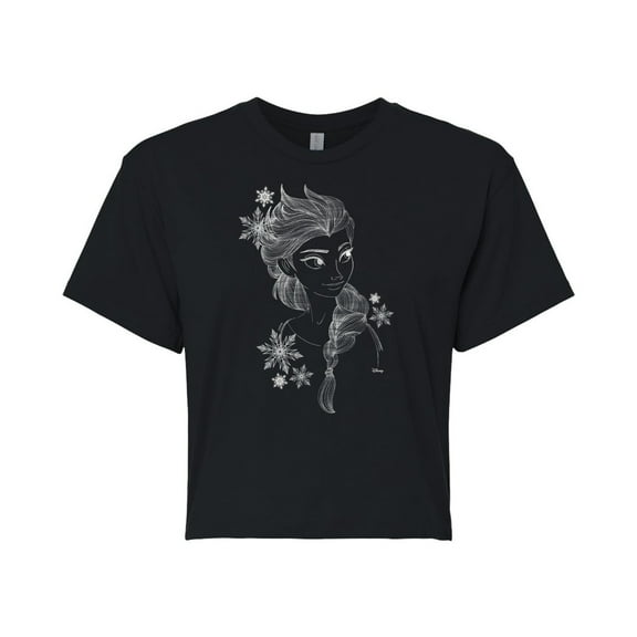 Disney Frozen 2 - Elsa Outline Sketch - Juniors Cropped Cotton Blend T-Shirt