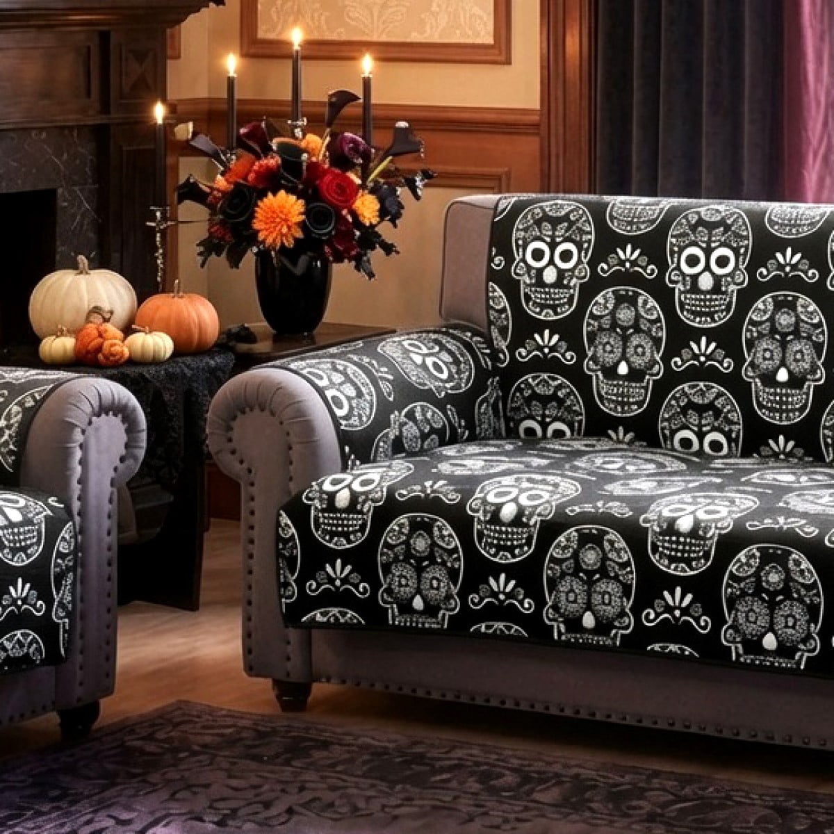 Greenland Home Fashions Sugar Skull Jacqard Woven Print Reversible Slipcover/Furniture Protector, Loveseat