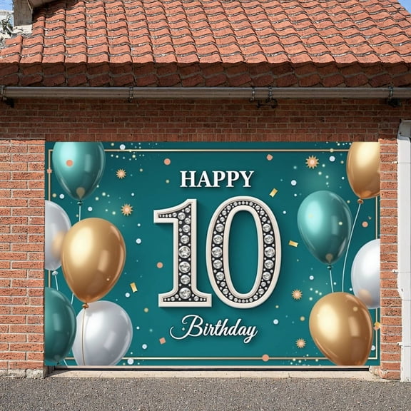 Decorated 10th Birthday Banner Gold Teal Happy 10 Backdrop Balloon Accented Shiny Design 10th Celebration Backdrop for 10th Birthday Party Kids Celebration Indoor Decoration