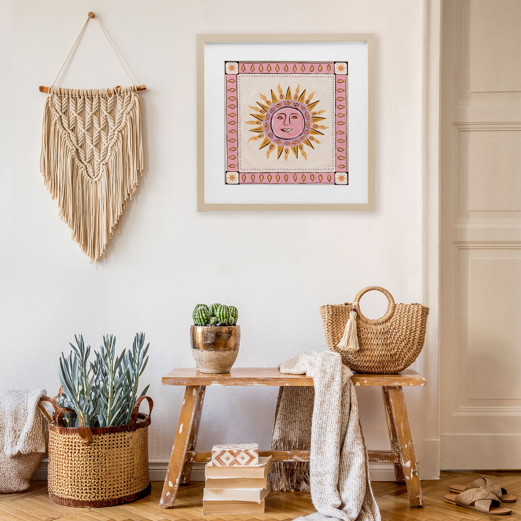 Stupell Industries Smiling Sun with Pink Border Birch Framed Print Under Glass, design by Two If By Sea Studios