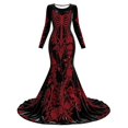 thumbnail image 3 of Xijirk Women Halloween Skull Rose Embroidered Maxi Dress Long Sleeve Round Neck Velvet Trailing Hem Outfit for Cosplay Party Festival Casual Gathering Wear,XL, 3 of 4