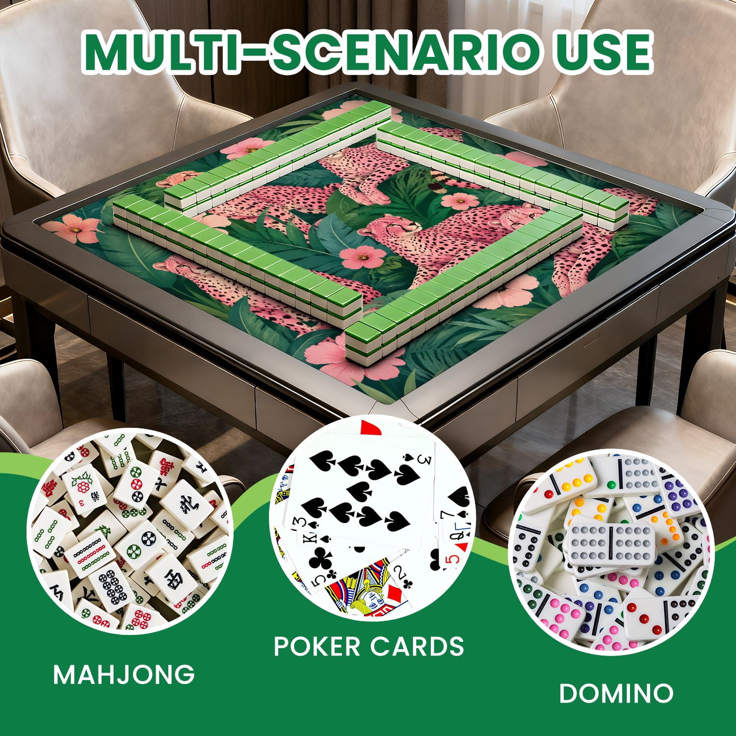 Mahjong Mat 31.5" x 31.5" seamless pink leopards flowers tropical leaves Trendy style Non-Slip Noise Reduction Mahjong Tiles Table Cover for Dominoes Poker Card Board and Tile Games