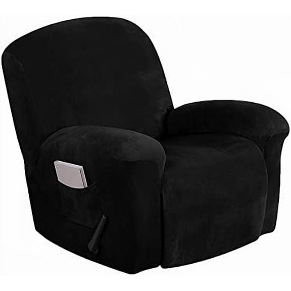 1 Piece Velvet Recliner Covers, Recliner Chair Cover with Pocket and Elastic Bottom, Stretch Slipcovers Non-Slip Stylish Furniture Protector, Machine Washable,Black