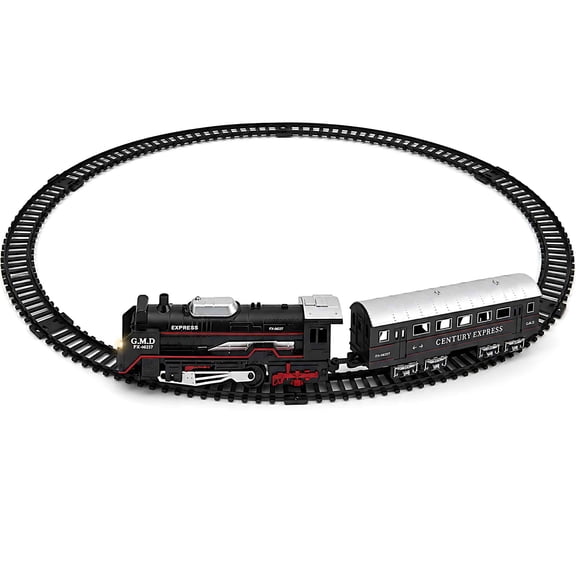 Tigozz Battery Operated Train Set for Kids with Light-Up Locomotive, 1 Passenger Car, 10 Curved Tracks, 26.4-Inch Round Railway Playset
