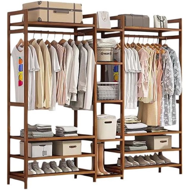 theO Bamboo Clothes Rack丨 Heavy-Duty Storage Closet for Hanging Clothes,Freestanding Clothing Racks with Shelves and 2Rods,Portable Wardrobe Closet Rack-Organizer (67" WX59 H)