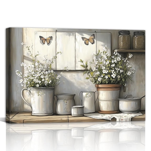 Rustic Farmhouse Kitchen Wall Art, Vintage Mason Jar and Wildflower Canvas Prints, Country Kitchen Wall Decor for Dining Room, Living Room, Restaurant and Home