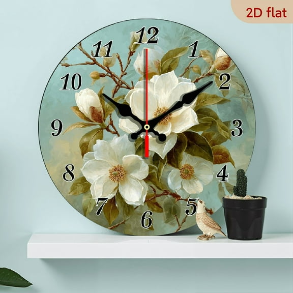 2D Flat 10Inch Wooden Vintage Plant Clock, White Flower Pattern Round Silent Clock, Suitable for Living Room, Kitchen, Bedroom, Thanksgiving, Christmas Decoration, Also Ideal as a Birthday Gift