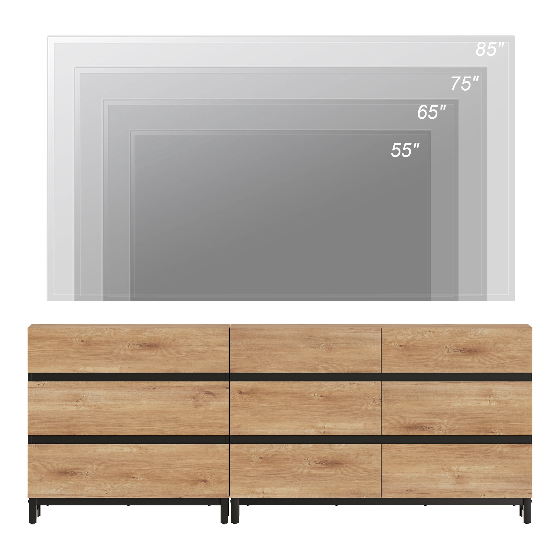 Modern TV Stand For Tvs Up To 90 Inches, 2 In 1 TV Console With 9 Drawers, Media Console With Adjustable Shelf For Living Room, Bedroom,Oak